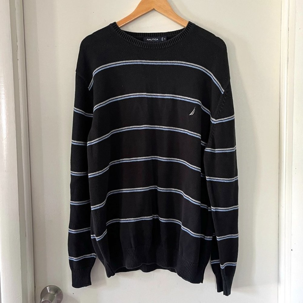 Nautica Men's XL 100% Cotton Striped Sweater Pullover Blue